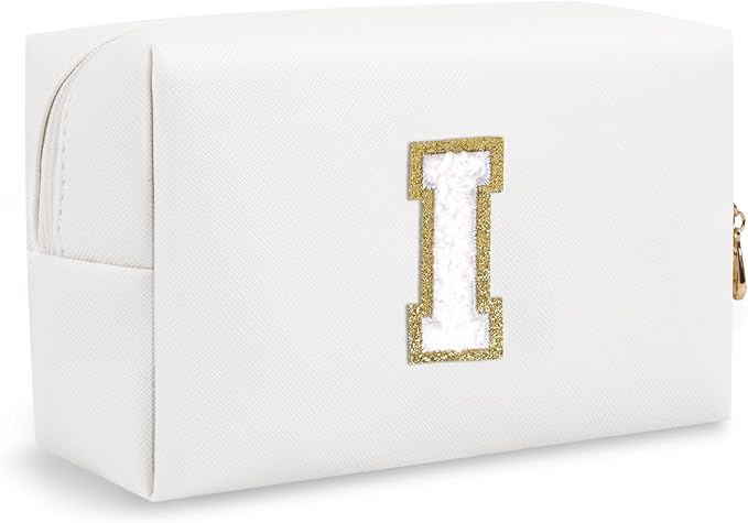 Personalized Small Travel Preppy Makeup Bag, Initial Cute Chenille Letter Cosmetic Organizer Toiletry Pouch, Waterproof Portable PU Monogram Makeup Case Gift for Women Girl Teacher Mom(Letter I)