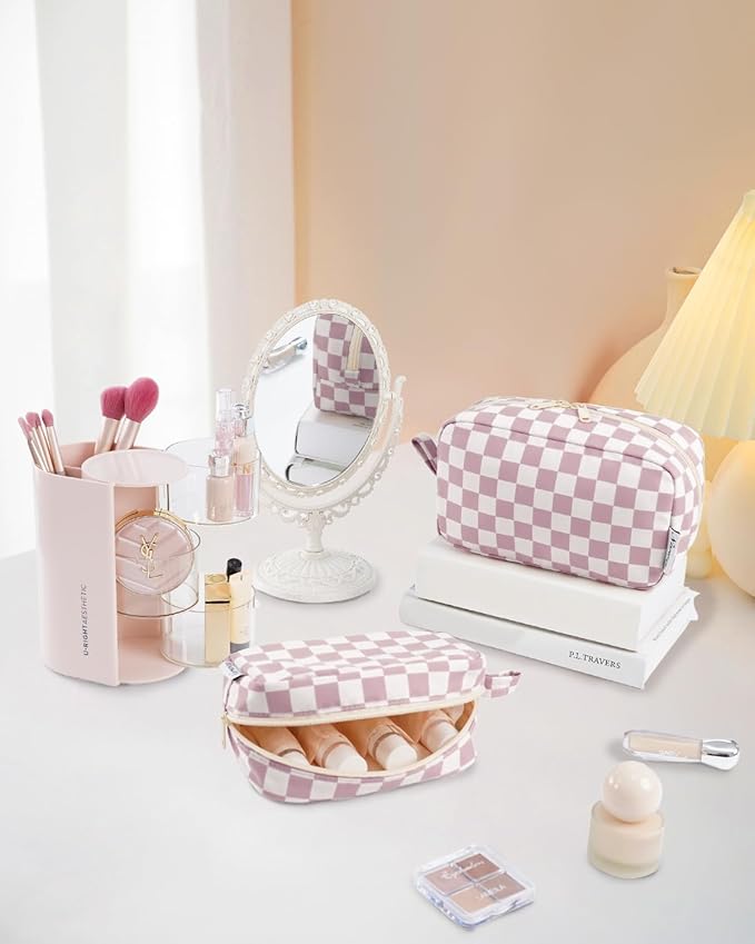 Narwey Cute Checkered Makeup Bag with Organized Pockets for Women - Dusty Rose Checkerboard, Zipper Pouch, Mini Travel Makeup Pouch