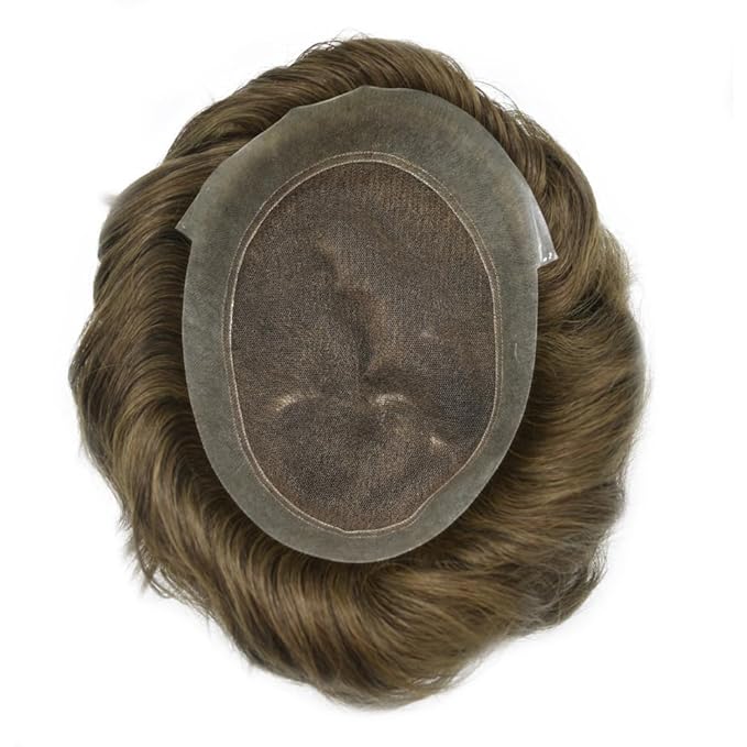 French Lace Mens Toupee Hairpieces Soft Human Hair Replacement System Natural Hairline Toupee for Men Lace Center with Poly V-Looped Man hair Units 8"X10" 4# MEDIUM BROWN