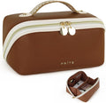 Prite Travel Cosmetic Bag Makeup Organizer Bag For Women Large Capacity Waterproof PU Leather Toiletry Bag with Handle and Clear Divider(Dark Brown)