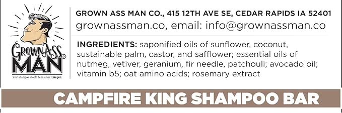 Grown Ass Man Co. - Solid Shampoo Bar Rich Lather 3 in 1: Hair, Beard & Body Wash - Plastic Free & Eco-Friendly, Natural & Organic Clean for All Hair Types, 4oz Bar (Campfire King, 3-Pack)