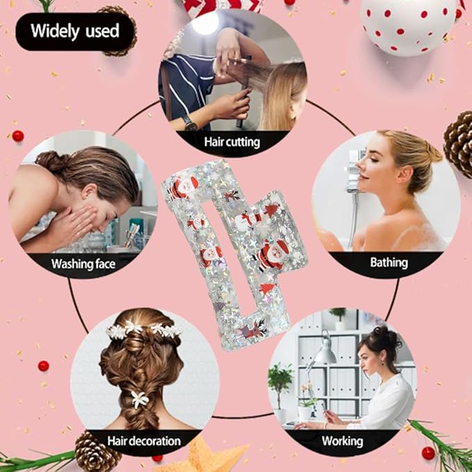 Christmas Hair Clips - Acrylic Square Transparent Large Claw Clip for Medium Thick Hair Styling - Santa Claus Elk Snowman Glitter Design Nonslip Clamp Accessories - 1Pcs Christmas Hair Decorations