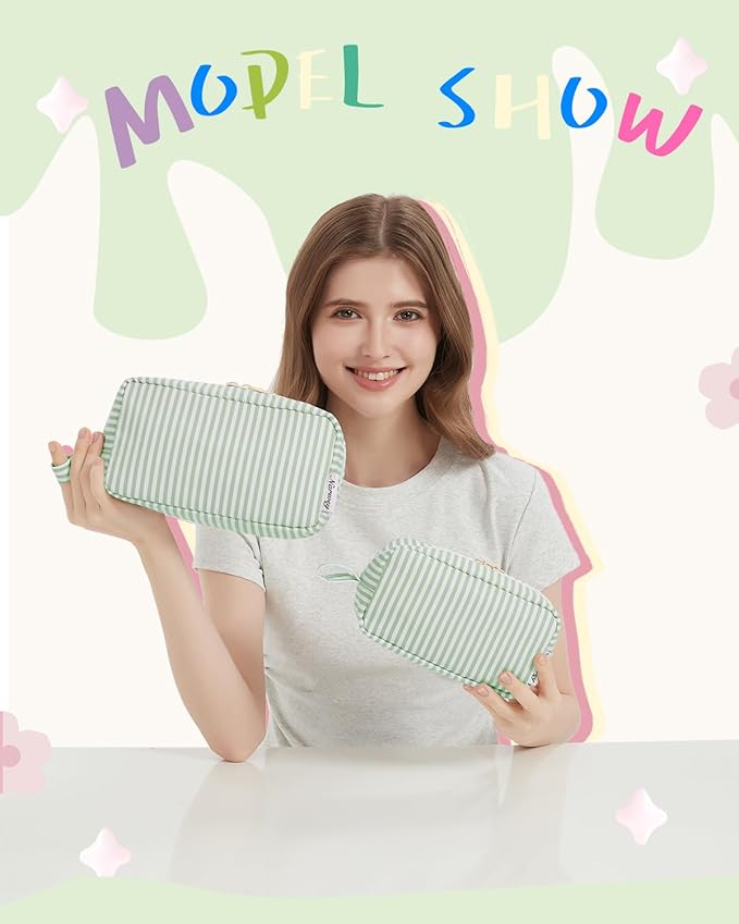 Narwey Small Makeup Bag for Purse Travel Makeup Pouch Mini Cosmetic Bag Zipper Pouch for Women (Mint Green Stripe, Small)