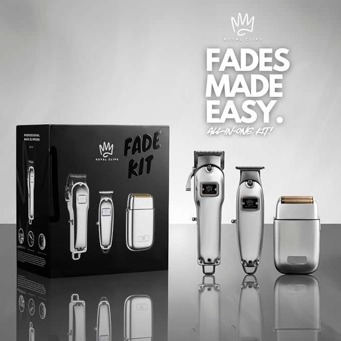 Royal Clips Hair and Beard Fade Kit – Professional Clipper, Trimmer & Foil Shaver Bundle for Men, Complete Haircut Set for Barbers, Home Use & Grooming– Holiday Gift for Men, Fathers, Brothers- Silver