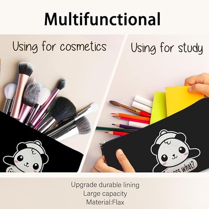 Panda Gifts Black Makeup Bag,Gifts for Panda Lover Wonmen Girls,Cute Baby Panda Guess What It's Pug Butt Cosmetic Bag,Makeup Case for Teen Girls Daughter,Panda Accessories,Canvas Zipper Pouch