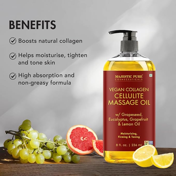 MAJESTIC PURE Massage Oil for Massage Therapy - Refreshing, and Relaxing - Natural Oils - for All Skin Types - Men and Women (8 Fl Oz, Cellulite Massage Oil with Roller)