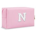 ChaoGreat Bride Gifts – Personalized Initial Makeup Bag with Pearl Rhinestone Patch, Preppy Pink Monogram Cosmetic/Toiletry Pouch, bridesmaid Gifts, Bridal Shower Gifts, Wedding Gifts, Bridal Gifts,N