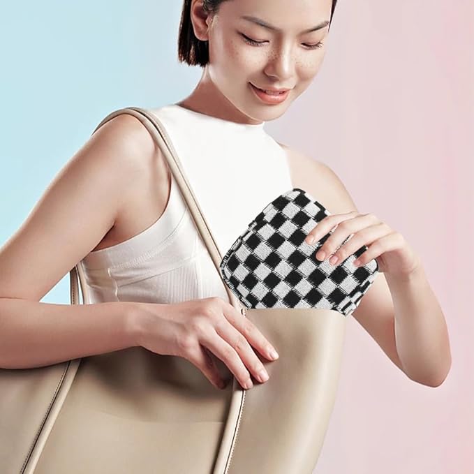 Small Black Makeup Bag for Purse, Mini Checkered Cosmetic Bag Zipper Cute Make Up Pouch Travel Toiletry Bag Quilted Aesthetic Accessories Makeup Storage Bag Organizer for Women Girls