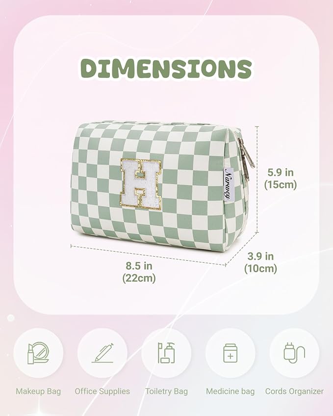 Narwey Birthday Gifts for Teen Girls Women Personalized Initial Checkered Makeup Bag Preppy Cosmetic Bag Trendy Stuff 6 8 10 11 12 13 14 16 18 Years Old Travel Toiletry Bag (Green Letter H)