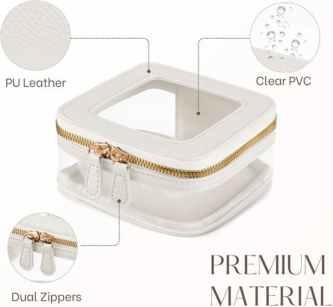 Mini Cosmetic Bag Clear Makeup Bag Small Travel Toiletry Bag with Zipper, Cute Car Cosmetic Case Transparent Makeup Pouch for Purse (White)