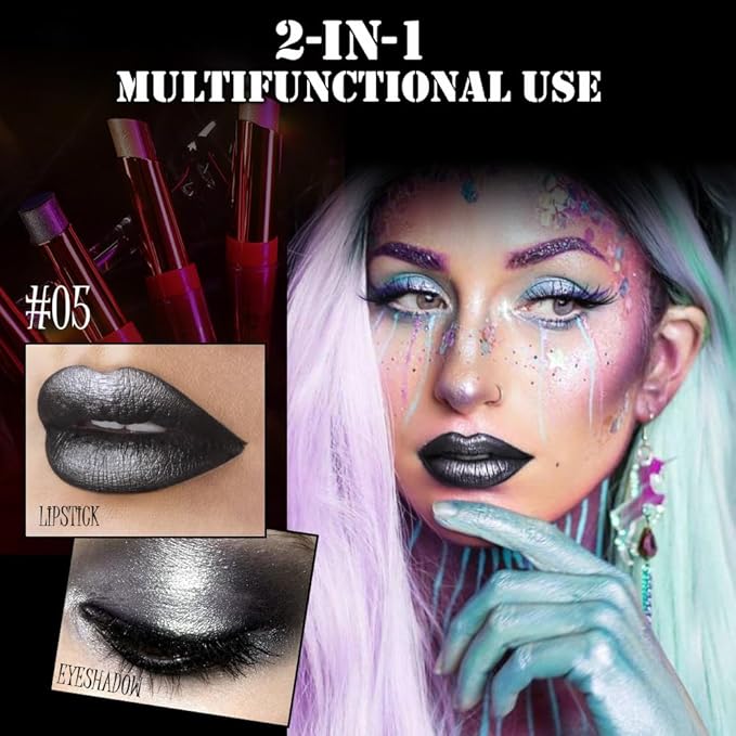 Shimmer Silver Gray Charcoal Black Lipstick Long Lasting Metallic Lip Liner Shimmer for Women Makeup Double Colors Eyeshadow Stick Hydrating Highly Pigmented Coverage Non Stick Cup Lips makeup
