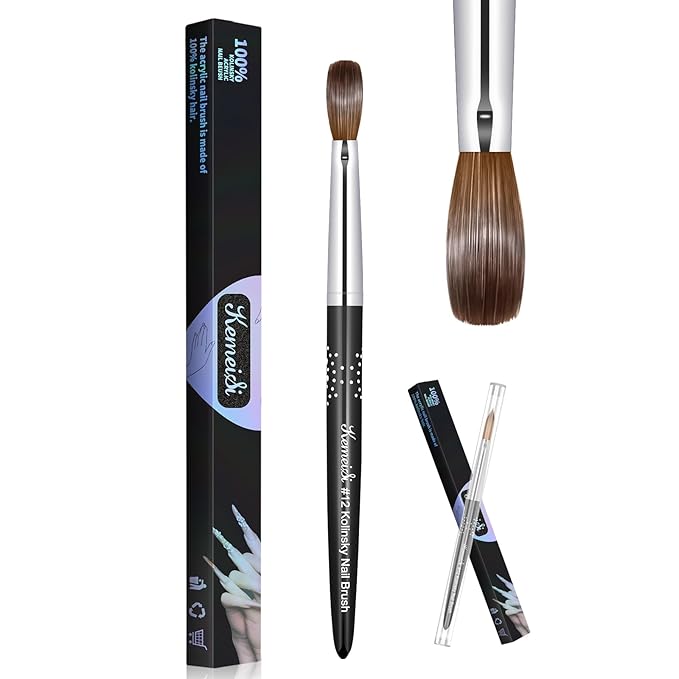 Acrylic Nail Brush Size #12, Kolinsky Nail Art Brushes for Powder Application, Sturdy Handle Oval Shaped DIY Tools for Professional Manicure