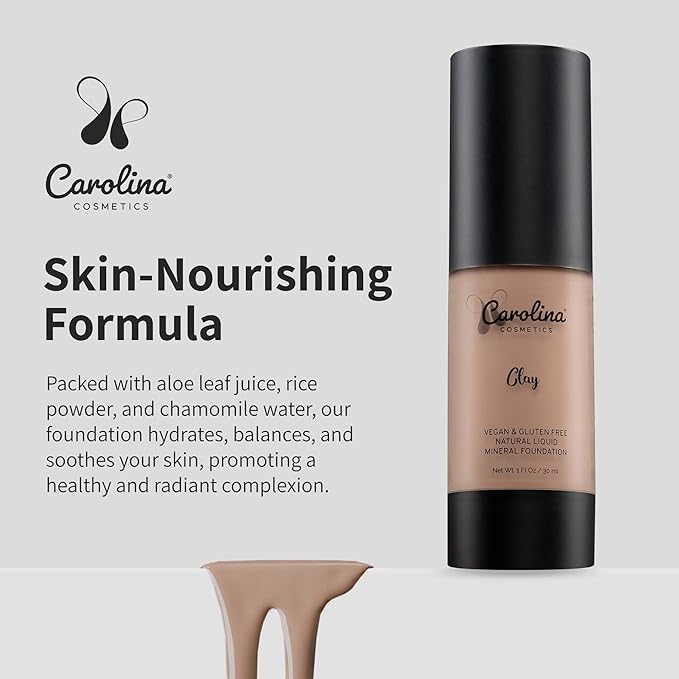 Carolina Cosmetics - Plant-Based Foundation in Clay Shade - Hydrating, Pore-Minimizing & Buildable Coverage - Vegan, Non-GMO, Gluten-Free, Paraben-Free - Sun Protection - 1Fl Oz