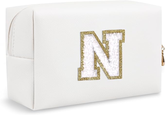 Chenille Letter Personalized Initial Preppy Makeup Bag, Small Travel Cute White Cosmetic Zipper Pouch Toiletry Bags, Waterproof PU Monogram Make Up Organizer Gift for Nieces Mom Teacher(Letter N)