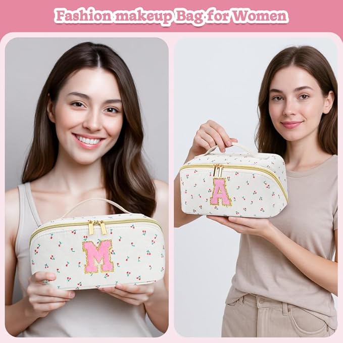 Personalized Travel Makeup Bag Set,Initial Travel Cute Cherry Makeup Organizer Bag,Toiletry Skincare Cosmetic Bag,Christmas Gifts for Women/Girls,Open Flat Toiletry Pouch with Brush Pocket-P