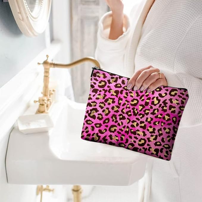 Small Makeup Bag for Purse Cute Canvas Waterproof Cosmetic Bags for Women Zipper Travel Toiletry Pouch-Leopard Makeup Bags