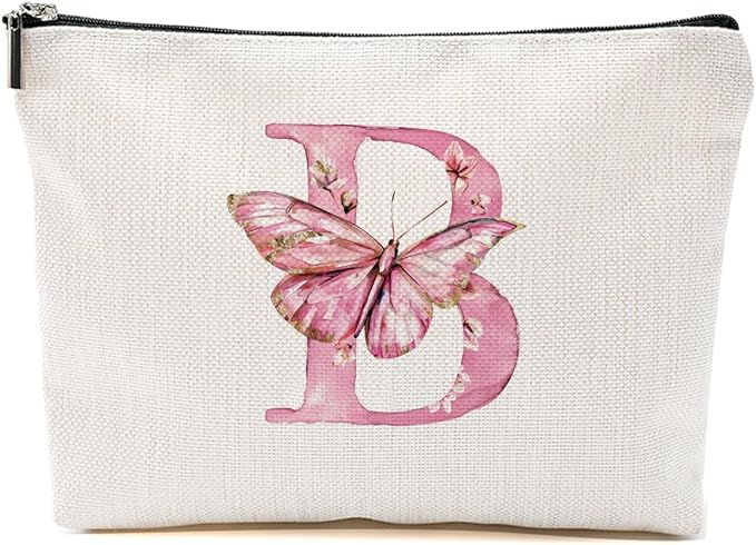 Initial Makeup Bag Pink Butterfly B Personalized Cosmetic Bag Monogrammed Gifts for Women Girls Bride Boss Monogram Zipper Pouch for Friendship Mothers Day Birthday Wedding Bridal Shower Gifts