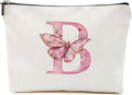 Initial Makeup Bag Pink Butterfly B Personalized Cosmetic Bag Monogrammed Gifts for Women Girls Bride Boss Monogram Zipper Pouch for Friendship Mothers Day Birthday Wedding Bridal Shower Gifts