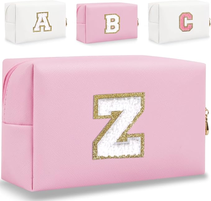 Small Personalized Letter Makeup Bag, Cute PU Leather Chenille Letters Cosmetic Bag Travel Makeup Pouch, Preppy Travel Organizer Zipper Pouch for Women&Girls（Pink-Z）