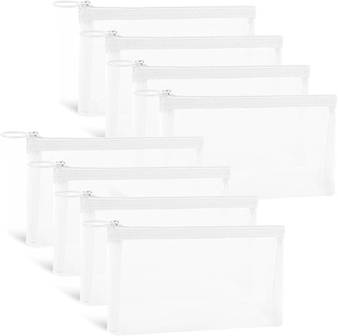 8 Pack Mini Zipper Mesh Makeup Bags, Nylon Cosmetic Bags Toiletry Purse Travel Organizer Bags Inside Bag for Office Travel Organization (Widened-White, M)