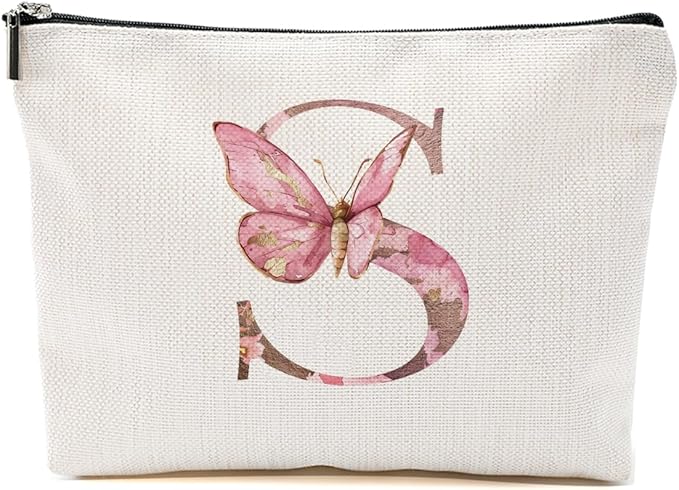 Initial Makeup Bag Pink Butterfly S Personalized Cosmetic Bag Monogrammed Gifts for Women Girls Bride Bridesmaid Monogram Zipper Pouch for Friendship Mothers Day Birthday Wedding Bridal Shower Gifts