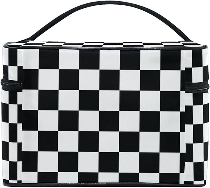 Makeup Train Case White Black Checkered Plaid Carrying Portable Zip Travel Cosmetic Brush Bag Organizer Large for Women