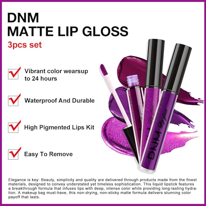 evpct 3Pcs Violet Purple Crystal Metallic Shimmer Glitter Matte Liquid Lipstick Lip Stain Sets for Women Matte+Lipstick Long Lasting Waterproof Permanent 24 Hours Magic Lipstick 24 Hours original