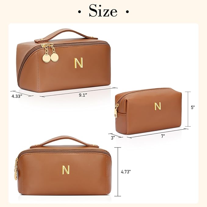 Birthday Gifts for Women Teen Girl, Personalized Initial Makeup Organizer Bag Set, Open Flat Travel Cosmetic Bag With Clear Divider and Handle(Brown,N)