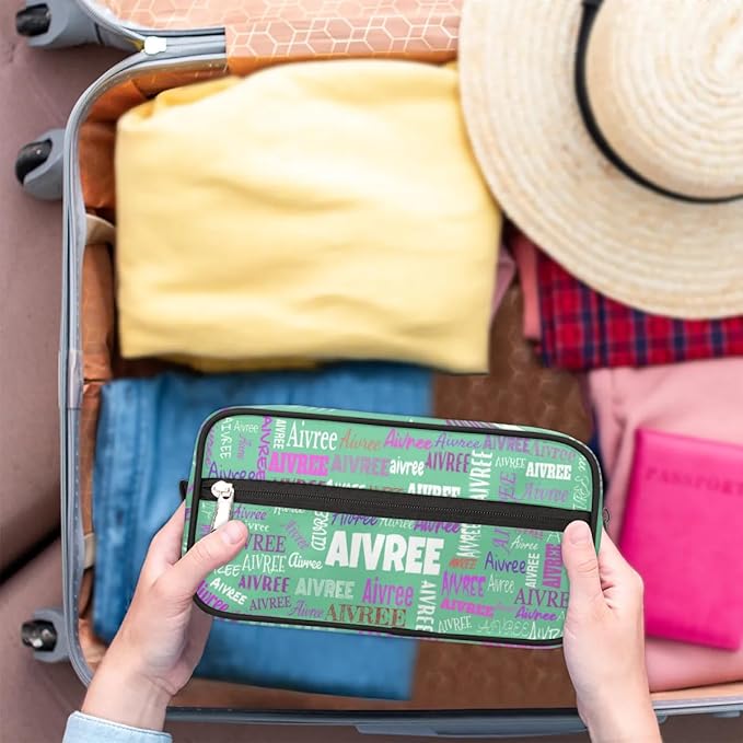 Custom Travel Cosmetic Bag with Name, Personalized Large Capacity Weekend Toiletry Bag Portable Bathroom Makeup Organizer, Light Green Solid Color