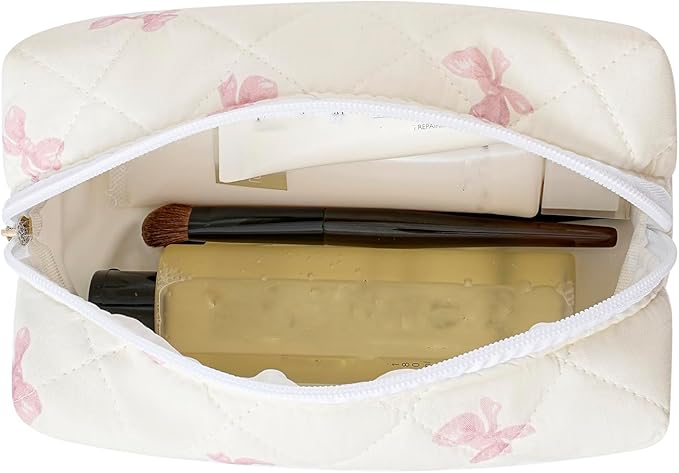 Makeup Bag Travel Cosmetic Bag for Women Girls, Zipper Make Up Pouch, Floral Flowers Toiletry Organizer Makeup, Portable Storage Bag, Cosmetic Travel Cloth Bag (Pink Bow Tie)