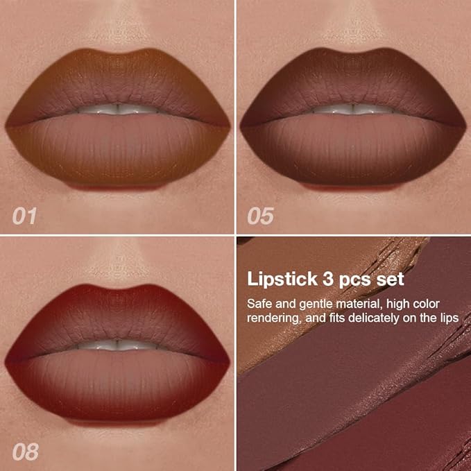 evpct 3Pcs Warm Brown Maroon Dark Wine Red Gradient Matte Lipstick Lip Liner Crayon Combo Pencil Set for Women Long Lasting, Cream Lip Liner and Lipstick Combo Makeup，Flawless Gradual Ombre Effect