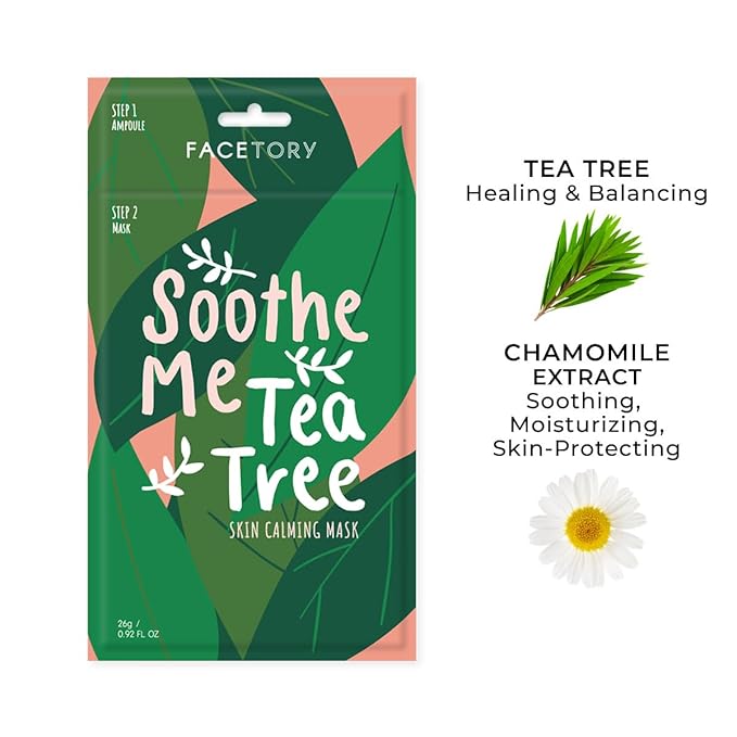FACETORY K Beauty Face Mask Skin Care - Soothe Me Tea Tree 2-Step Sheet Mask with Tea Tree Extract & Chamomile + Soothing Ampoule | Skin Calming, Acne Clearing (10 Pack)