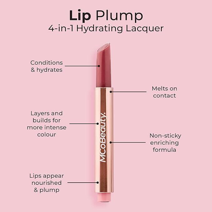 MCoBeauty - Lip Plump 4-in-1 Hydrating Lacquer - Multi-Benefit Lip Color with Shea Butter, Hyaluronic Acid and Click-Pen Format - Emily, Nude Pink Shade - 2.5ml