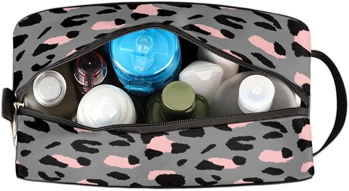 Grey Leopard Cheetah Print Travel Toiletry Bag for Women Men Lightweight Cosmetic Makeup Bag Organizer Waterproof Shaving Bag Dopp Kit with Large Capacity for Toiletries and Shaving Accessories