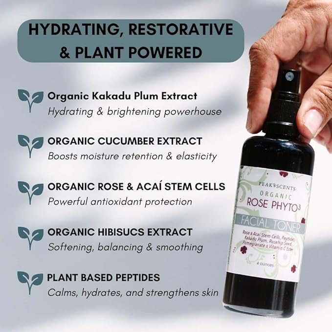 Peak Scents Organic Phyto³ Rose Water Facial Toner Spray - Pure Rosewater for Face, with Acaí and Herbal Extracts - Eco-Friendly and Vegan - Hydrating Rose Water Organic Face Spray (4 oz)