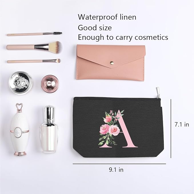 A-Z Personalized Cosmetic Bag Monogrammed Makeup Bags Bridesmaid Gifts Custom Toiletry Pouch Gifts for Women Mom Best Friend Sister Bride Bridesmaid (A)