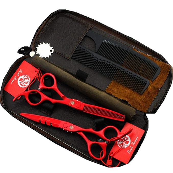 Purple Dragon Professional Japan 440C Hair Salon Cutting Shear and Barber Thinning Scissor Hairdressing Shear Set with Bag