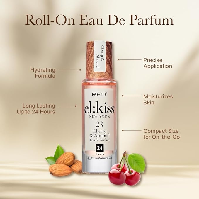 EL:KISS Roll On Perfume, Cherry & Almond Inspired by Tom F Lost Cherry Eau de Parfum 12mL (.40 Fl Oz), Hydrating & Long-Lasting, Alcohol-Free & Mineral Oil-Free, With Jojoba, Argan & Coconut Oil