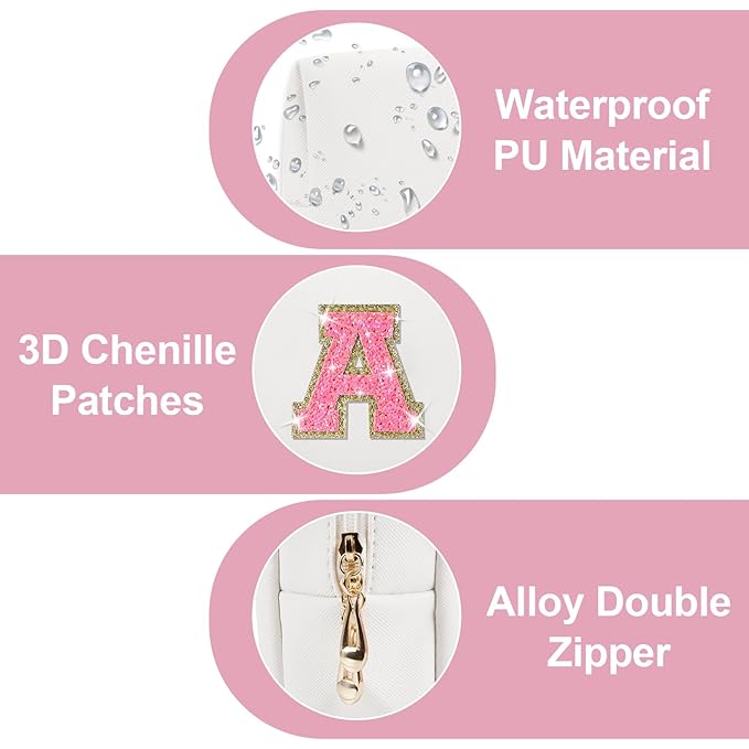 Small Personalized Initial A-Z Patch Makeup Bag,White Cute PU Leather Glitter Letter Cosmetic Bag for Teen Girls,Travel Toiletry Bag with Zipper,Preppy Monogrammed Birthday Gift for Daughter Niece A
