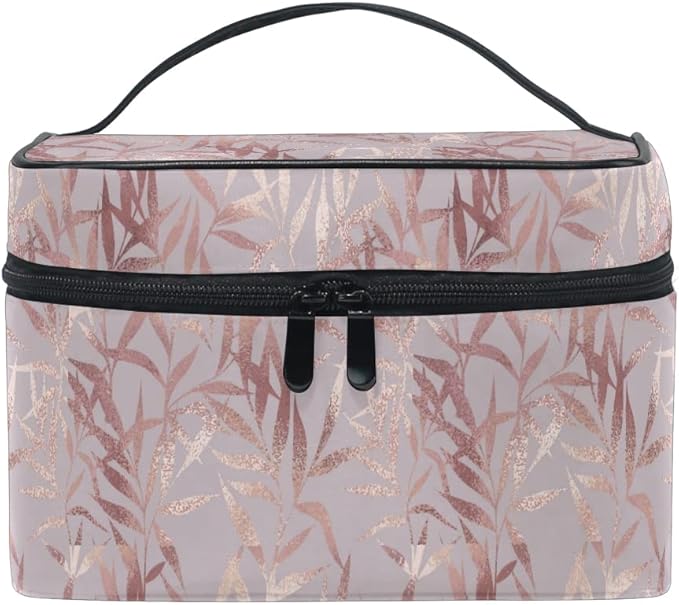 Makeup Bag, Rose Gold Leaves Travel Makeup Organizer Bag Cosmetic Cases Toiletry Bags for Girl Women Ladies