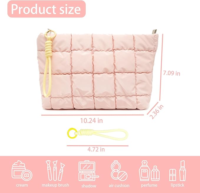 Puffer Quilted Makeup Bag Travel Cosmetic Bag Portable Puffy Checkered Toiletry Pouch Skincare Organizer Purse Pencil Case (Pink)