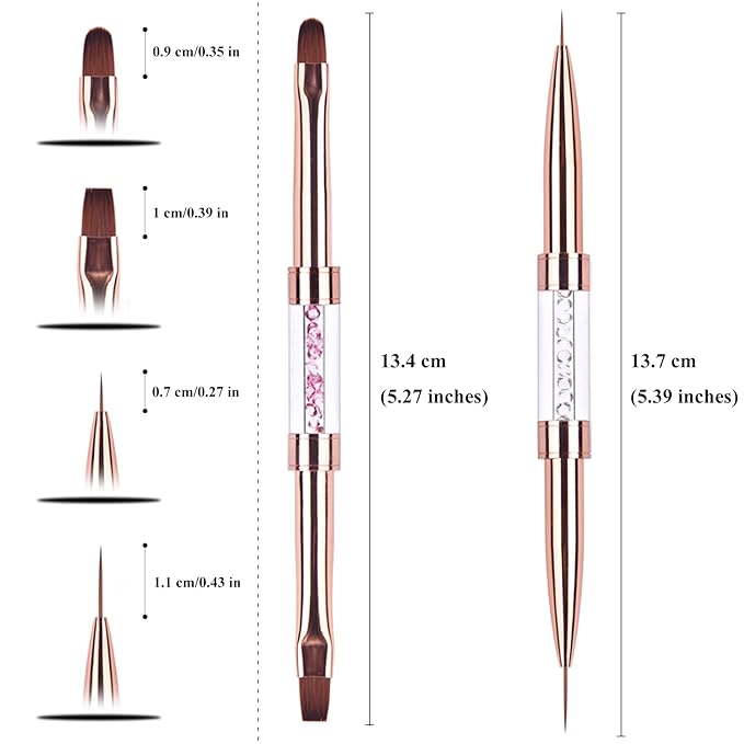 2Pcs Dual-ended UV Gel Nail Brush Set Rhinestone Handle Nail Art Design Brushes Professional Nail Tools Rose Gold