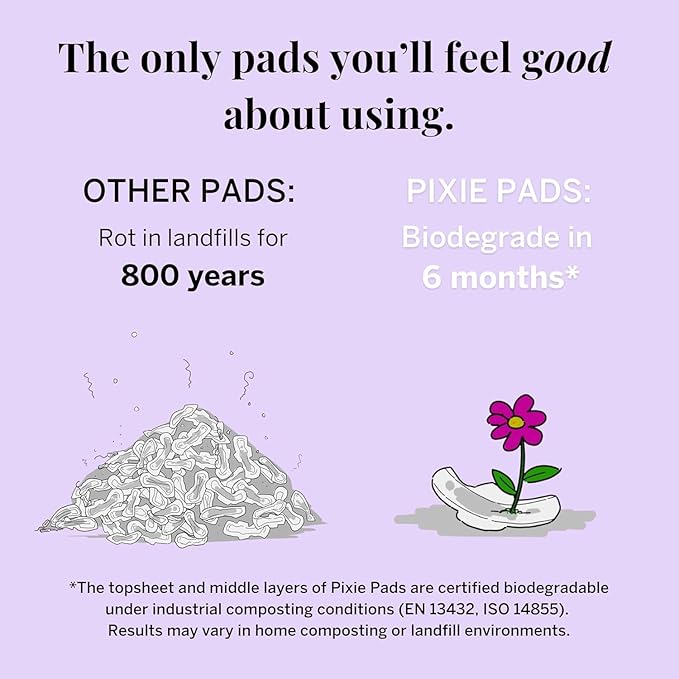 Pixie Organic Cotton Pads for Women - Ultra Thin with Wings, Leak-Proof & Moisture-Wicking for Feminine Care - Compostable, Unscented Menstrual Pads - Regular Absorbency - 12 Count