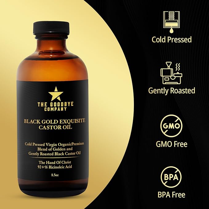 The Goodbye Company Black & Gold Castor Oil Blend – Cold-Pressed & Unrefined – Pure Hexane-Free Oil for Hair, Skin, Body, Eyelashes & Eyebrows