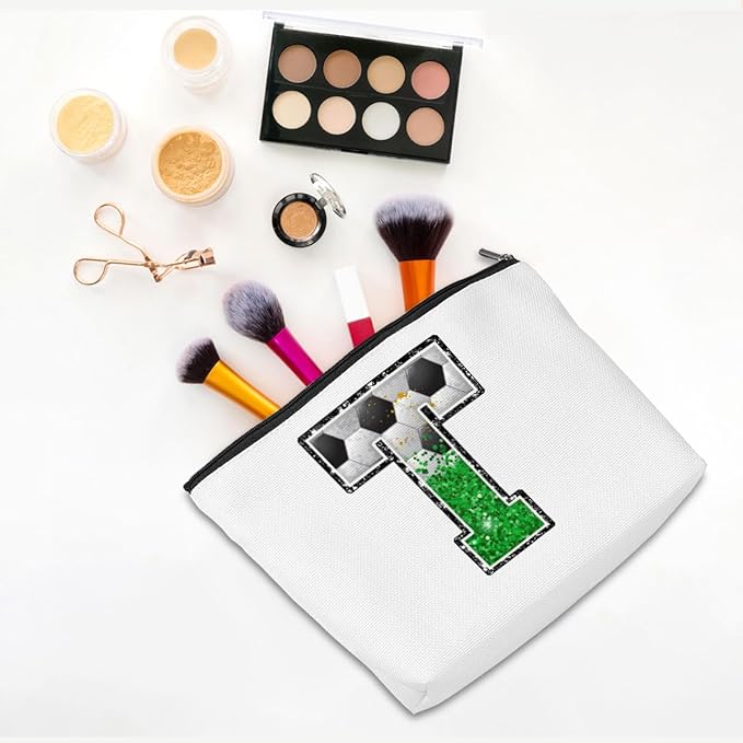 Soccer Gifts Initial Makeup Bag Monogrammed Cosmetic Bag Letter T Zipper Pouch Soccer Accessories for Girls Women Player Coach Friend Stuff Graduation Birthday Gifts