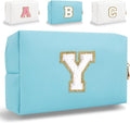 Small Personalized Letter Makeup Bag, Cute PU Leather Chenille Letters Cosmetic Bag Travel Makeup Pouch, Preppy Travel Organizer Zipper Pouch for Women&Girls（Blue-Y）