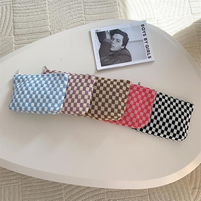 PAZIMIIK Knitted Checkered Makeup Bag Large Zipper Make Up Accessory Pouch for Purse Cosmetic Brush Bag for Travel Essential,Purple