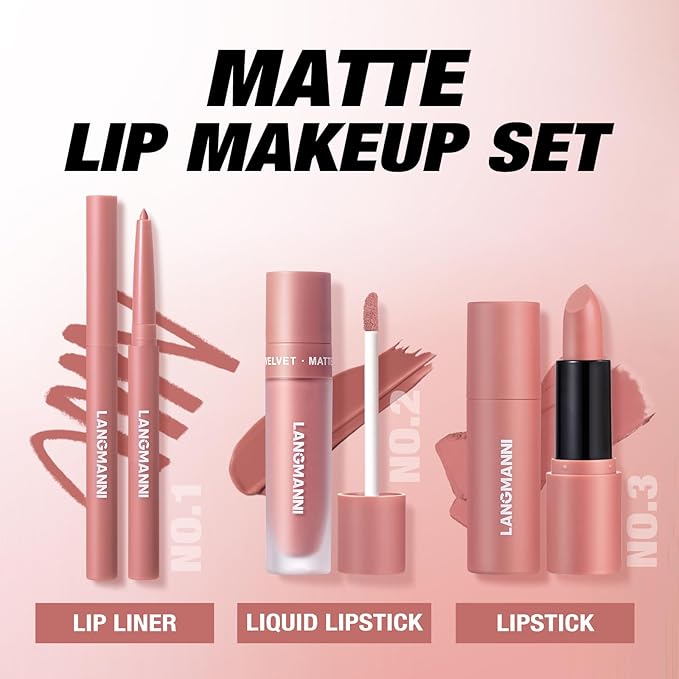 LANGMANNI 3 in 1 Matte Velvet Lipstick Set-Lip Liner,Lip Gloss and Lipstick Combo,Perfect for Natural Lip Contour,Waterproof And Longlasting Effect Lip Makeup,Unique Festival Gift (#06, Pack of 1)