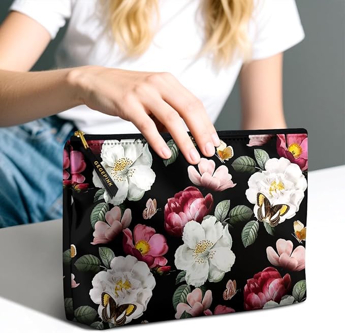 Cute Makeup Bag for Purse Waterproof Cosmetic Bags for Women Funny Smooth Zipper Travel Toiletry Pouch 10X8 Inches-Black Floral Makeup pouch