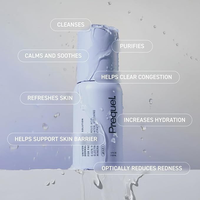 Prequel Skin Universal Skin Solution Hypochlorous Acid Spray for Face and Body. Fine Mist HOCL Facial Cleanser and Dermal Spray with Minerals & Electrolyzed Water - pH-Stabilized Care. 4oz
